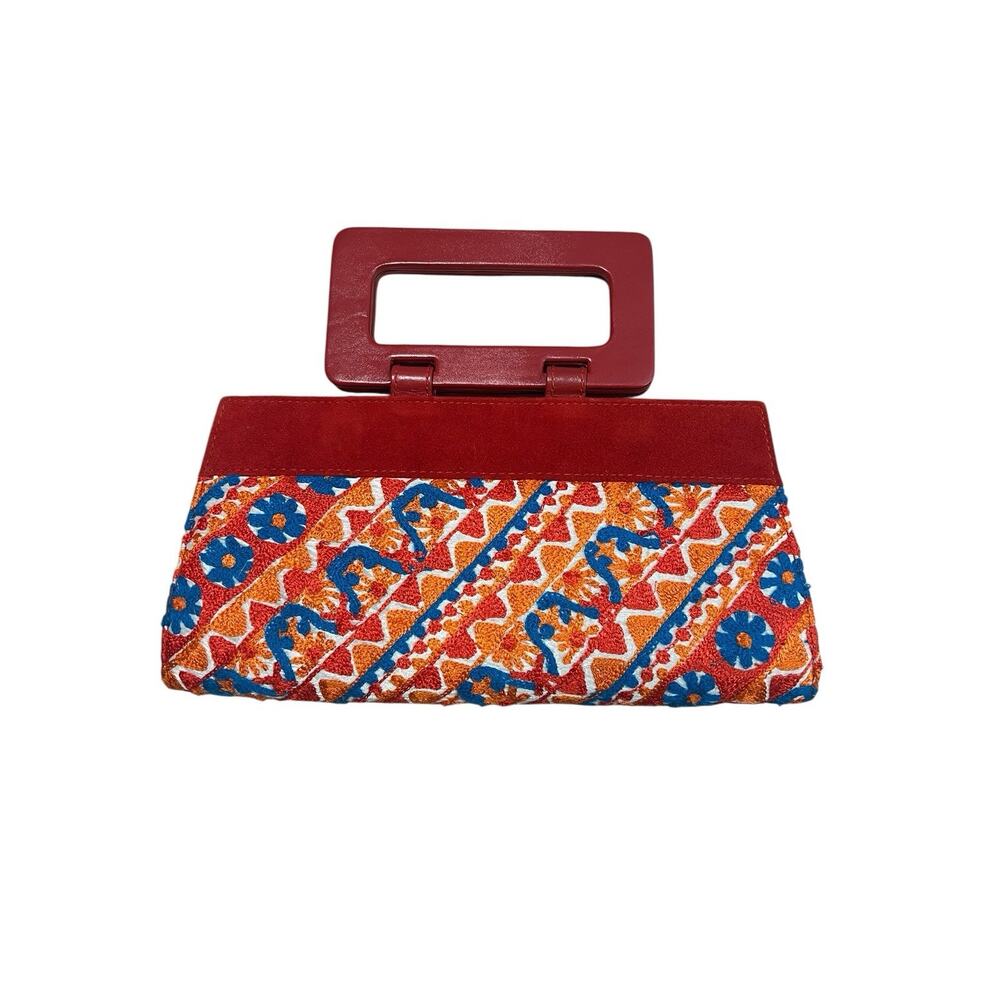Crewel Embroidered Suede Floral Wood Handle Boho Hippie Art To Wear Clutch Purse - Picture 1 of 8